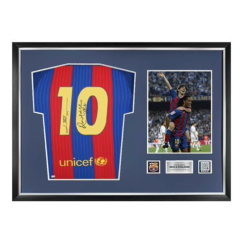 Lionel Messi and Ronaldinho Official FC Barcelona Back Signed and Framed 2016-17