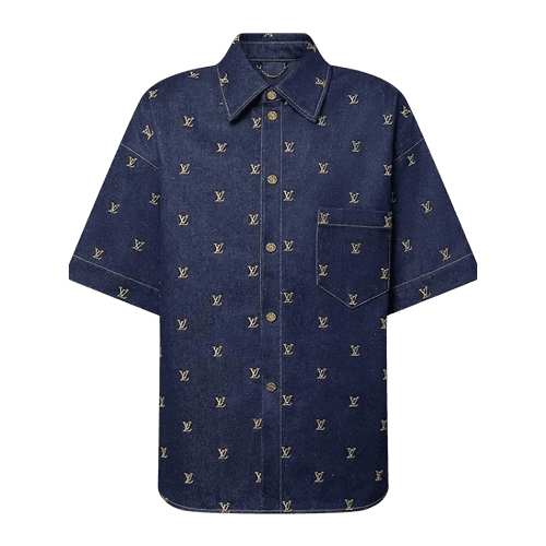 Embroidered Signature Short-Sleeved Denim Shirt